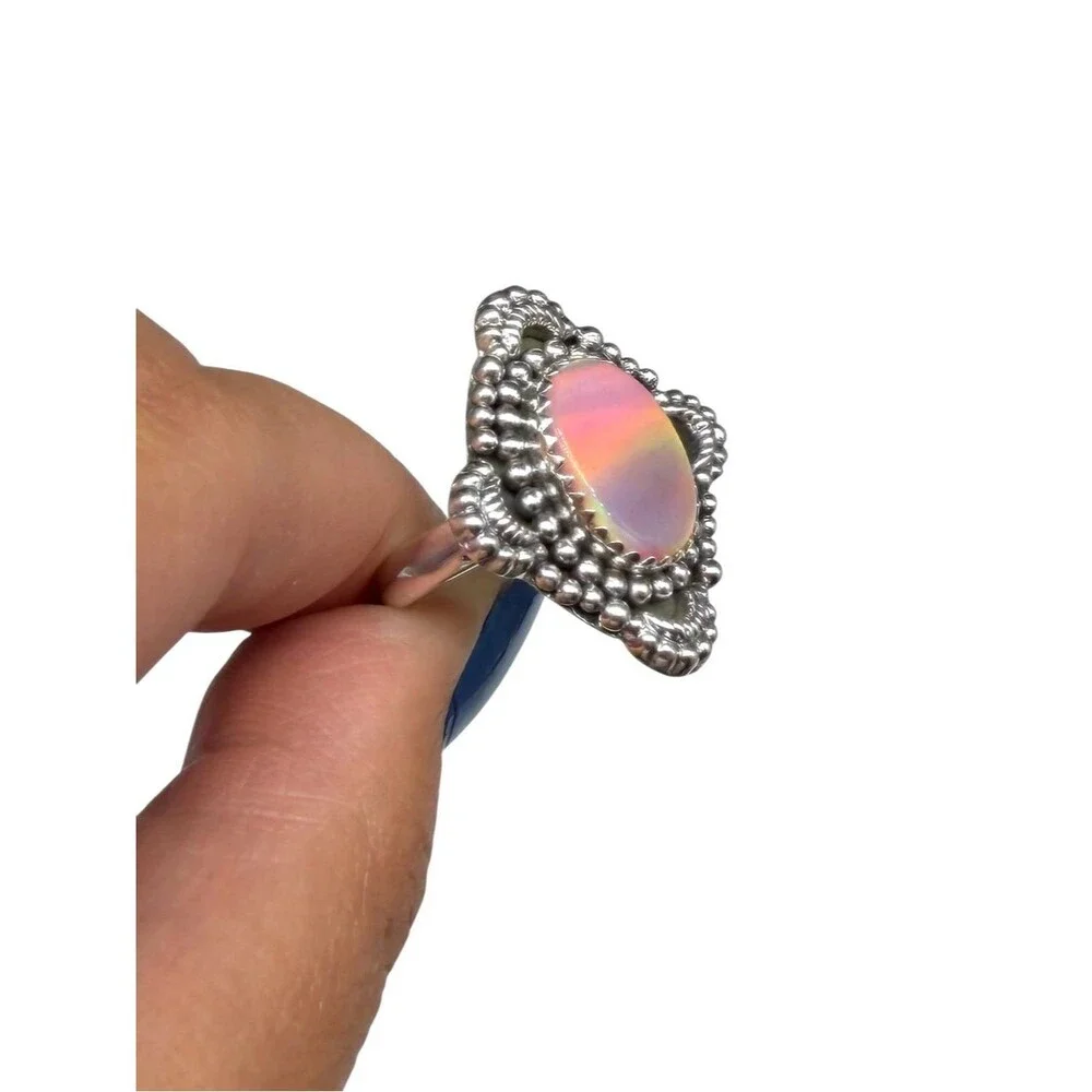 Aurora Fire Opal Ring Size 7 Solid 925 Sterling Silver Pink Aura Stone